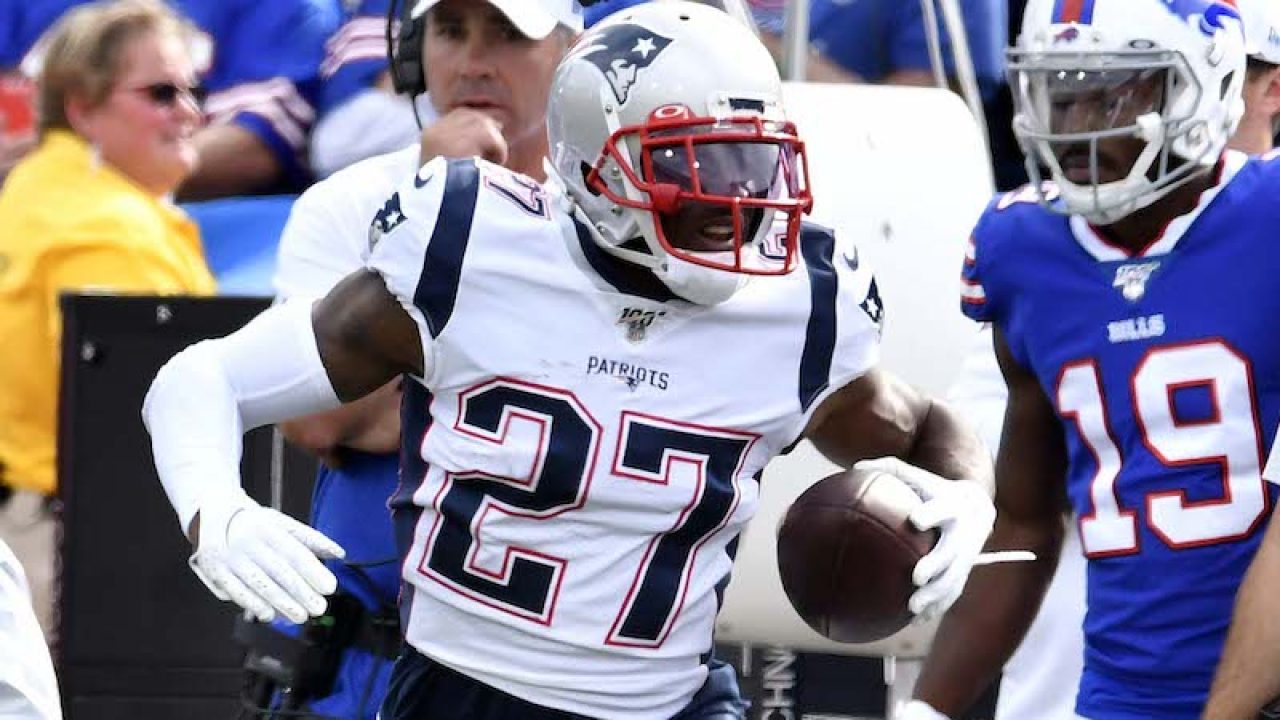 New England Patriots cornerback J.C. Jackson (27) celebrates his