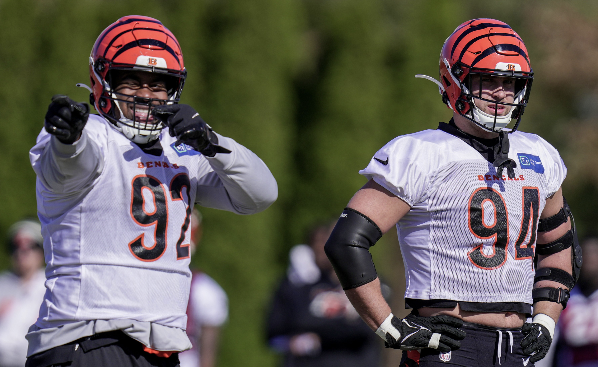 Cincinnati Bengals defensive tackle BJ Hill (92) performs a drill