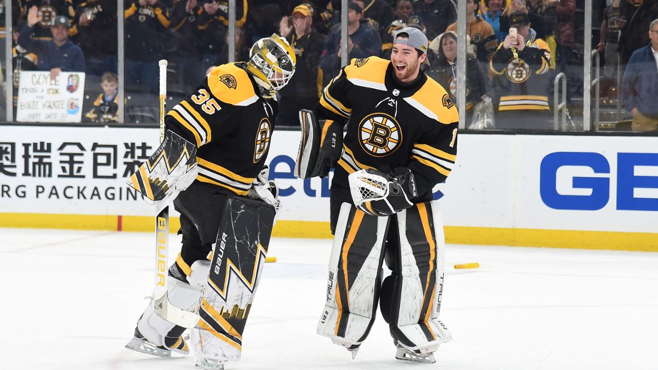 Swayman & Ullmark Boston Bruins Goalies Victory Hug 