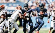 Cincinnati Bengals running back Jacob Saylors (34) performs a drill during  the NFL football team's training camp, Thursday, July 27, 2023, in  Cincinnati. (AP Photo/Jeff Dean Stock Photo - Alamy